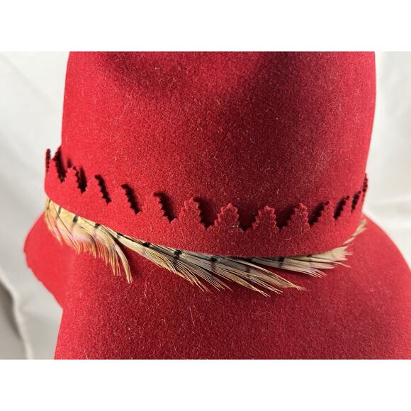 Frank's Girl by Frank Olive Red Wool Hat Feather Accent Fawn Finish Vintage - Picture 4 of 10